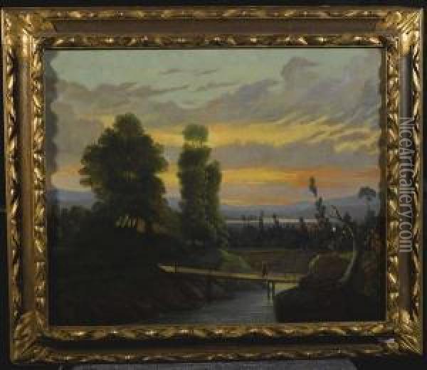 Flusslandschaft Mit Brucke. Oil Painting - Angelo Inganni