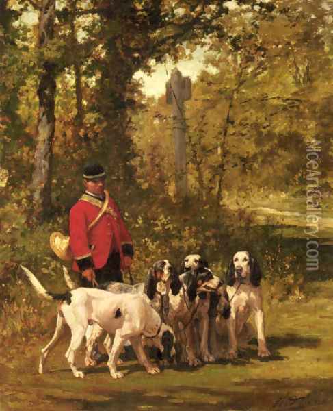 A Huntmaster with his Dogs on a Forest Trail Oil Painting - Charles Olivier De Penne