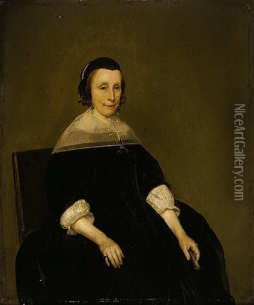 Portrait Of A Lady Wearing Black And Holding A Tortoise Shell Fan In Her Left Hand Oil Painting - Gerard ter Borch the Younger