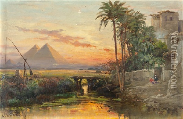 Die Pyramiden Von Gizeh Im Abendrot Oil Painting - Carl Wuttke