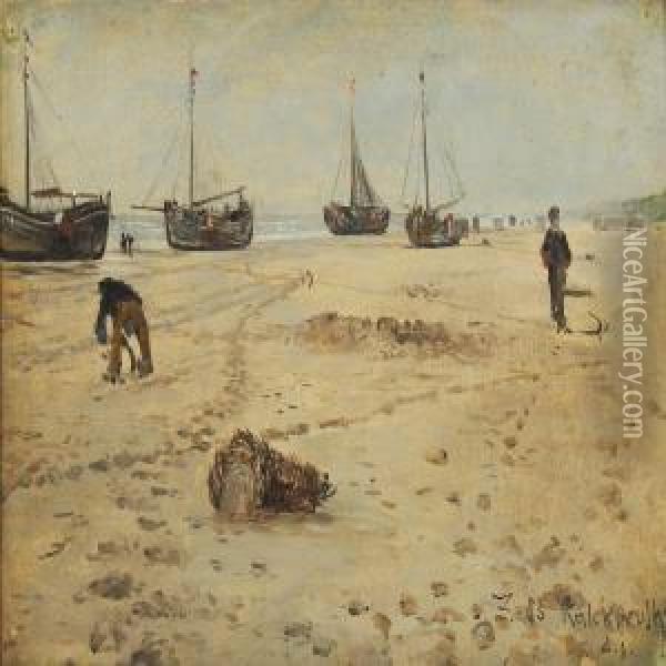 Coastal Scene With Fishing Boats On The Beach Of Friesland Oil Painting - Leopold Karl Walter von Kalckreuth