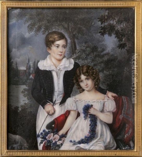 George 2. Duke Of Cambridge Und Seine Schwester Augusta Karoline Vor
Laubaumen Im Hintergrund Eine Kirche Oil Painting - Karl Von Saar