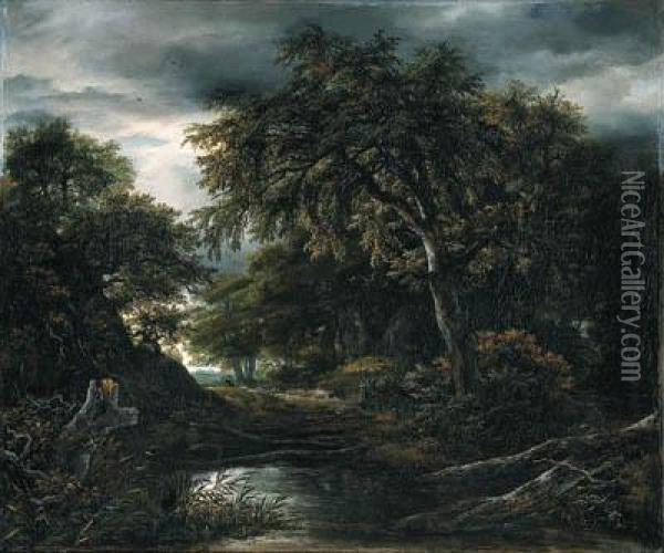 A Wooded Landscape In Stormy Weather With A Pool, A Peasant And Adog On A Track Oil Painting - Jacob Van Ruisdael