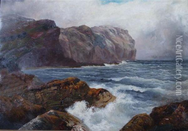 A Rocky Coastal Scene With Boats In The Distance Oil Painting - James Henry Crossland