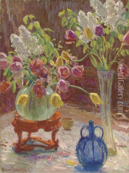 Still Life With Blue Vase Oil Painting - William Samuel Horton
