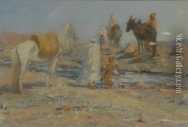 Desert Landscape With Horses And Arabs Watering At A Stream, Signed, Oil On Canvas, 11 X 17.5