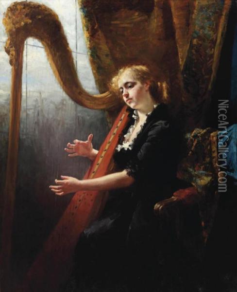 Playing The Harp Oil Painting - Therese Schwartze