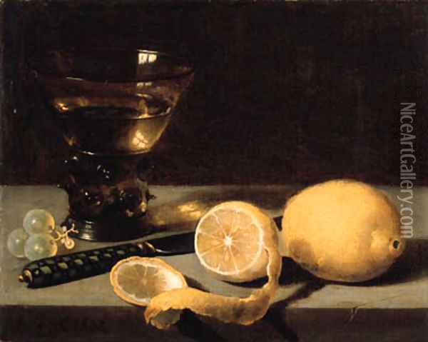 A lemon, a partly peeled lemon, grapes, a roemer and knife on a stone ledge Oil Painting - Pieter Claesz.