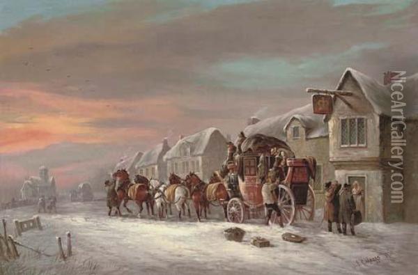The Bristol To London Red Rover Outside The Crown Inn Oil Painting - John Charles Maggs