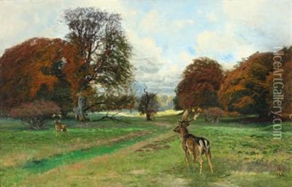 Scenery With Two Fallow Bucks A Fall Day In Dyrehaven Oil Painting - Thorvald Simeon Niss