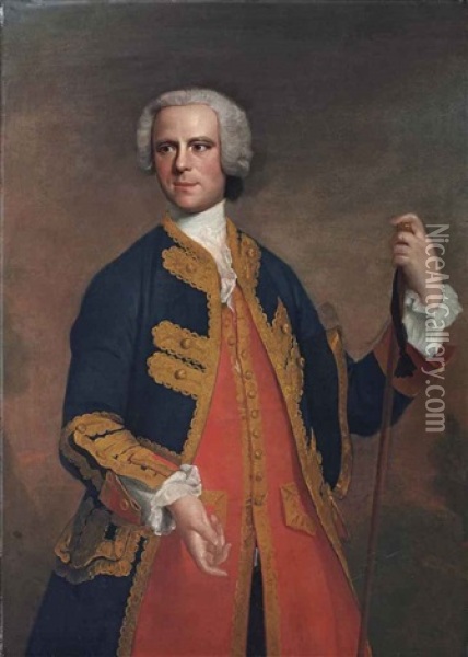 Portrait Of A Gentleman, Three-quarter-length, In A Gold-embroidered Blue Coat And Red Waistcoat, With A Walking Stick Oil Painting - Allan Ramsay
