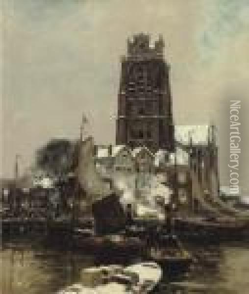 Dordrecht Harbour At Dusk In Winter Oil Painting - Heinrich Hermanns