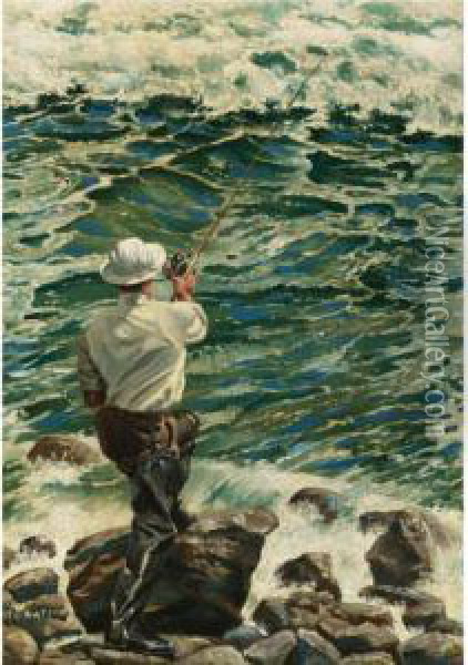 Casting Into The Montauk Surf Oil Painting - Henry Sumner Watson