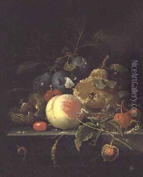 Still Life of Fruit and Nuts on a Stone Ledge Oil Painting - Abraham Mignon