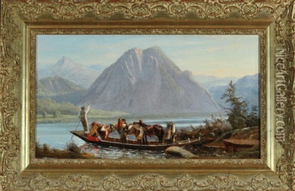 Bauern Mit Tieren Im Boot Bei Der Uberfahrt Uber Einen Gebirgssee Oil Painting - Johann Friedrich Wilhelm Wegener