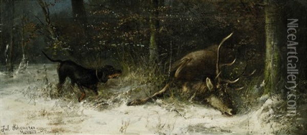 Jagdhund Bei Erlegtem Hirsch Im Winterwald Oil Painting - Julius Scheuerer