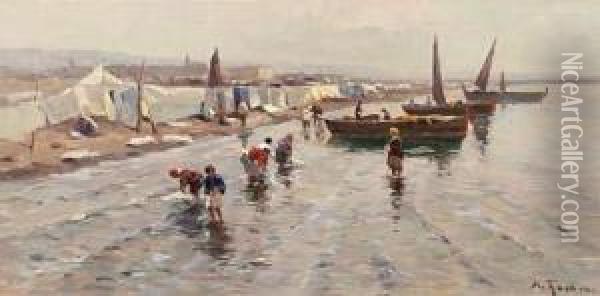 Washerwomen On The Beach Of Chiogga Oil Painting - Gustav Adolf Thamm