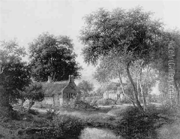 Wooded Landscape With Cottages By A Stream Oil Painting - Meindert Hobbema