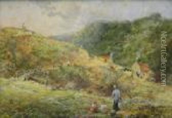 Cottages In The Esk Valley With Children In The Foreground Oil Painting - George Weatherill
