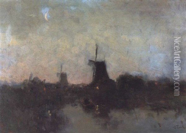 Avond In De Omgeving Van Dordrecht Oil Painting - Lucien Frank