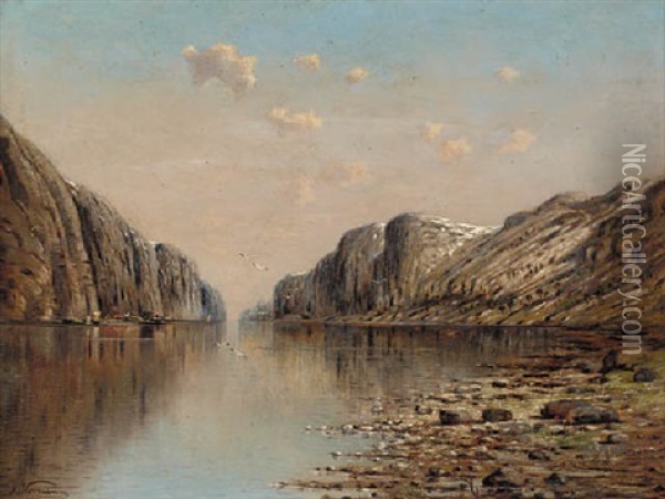 A Winter Fjord Scene Oil Painting - Adelsteen Normann