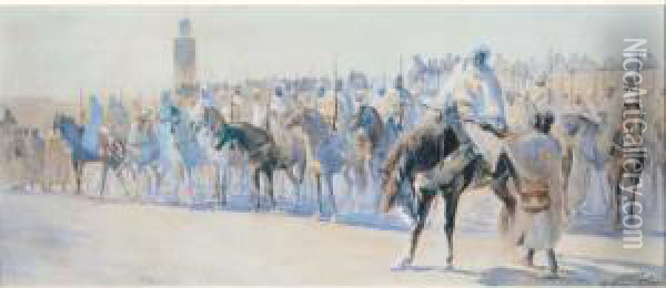 Le Sultan Moulay Hassan Et Sa Garde Oil Painting - Maurice Romberg De Vaucorbeil