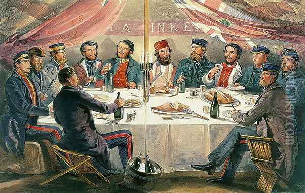 A Christmas Dinner on the Heights before Sebastopol, engraved by J.A. Vinter, pub. 1855 Oil Painting - William Simpson
