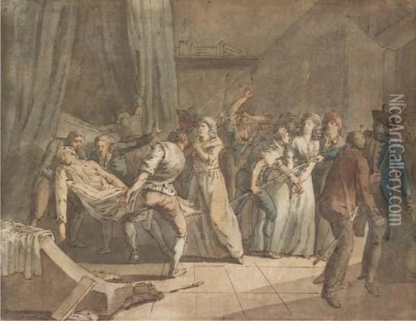 The Arrest Of Charlotte Corday, With Jean-paul Marat's Body Carriedaway Oil Painting - Louis Brion De La Tour