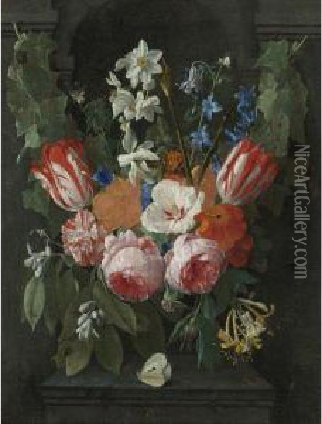 Still Life Of A Swag Of Flowers In Front Of A Stone Niche Oil Painting - Nicolas Van Veerendael