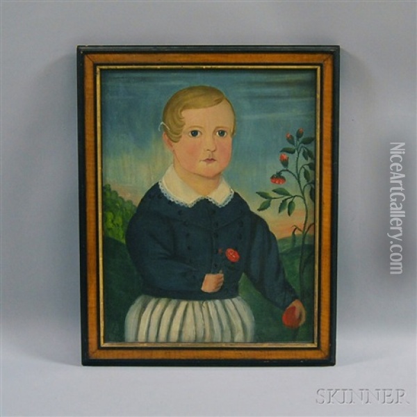 Boy In A Landscape Holding A Rose And An Apple Oil Painting - Andrew B. Carlin