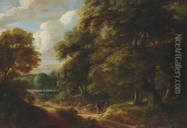 A Wooded Landscape With Travellers On A Track Conversing Oil Painting - Adriaen Frans Boudewijns