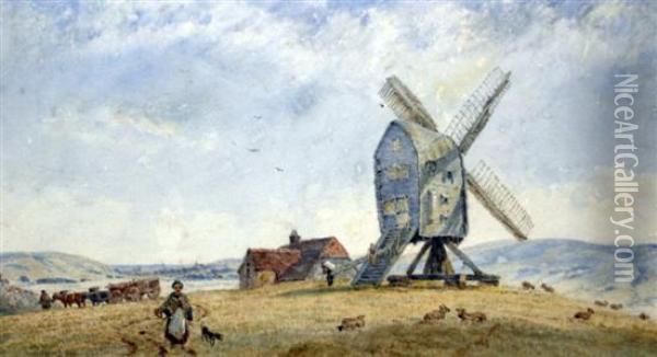 Mill On The Downs Near Lewes Oil Painting - F. Ford
