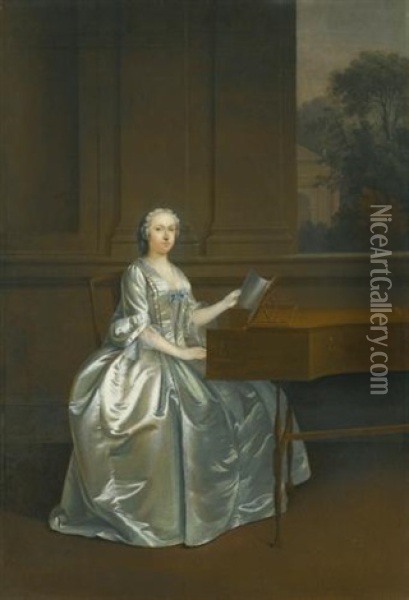 Portrait Of A Lady, Seated At A Harpsichord, Possibly Lucy, Duchess Of St. Albans Oil Painting - Arthur Devis