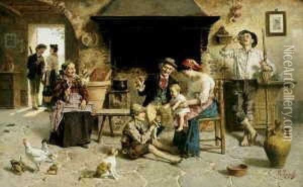 Landliches Familiengluck. In Einer Bauerlichen Kuche Acht Personen Und Einige Tiere. Oil Painting - Eugenio Zampighi