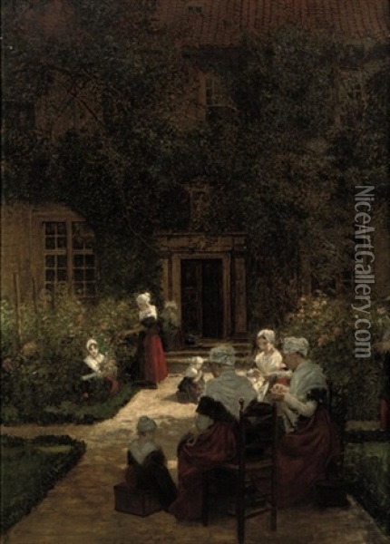 Amsterdam Orphan Girls In A Sunlit Garden Oil Painting - Walter Firle