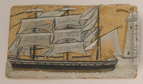 Sailing Ship And Lighthouse Oil Painting - Alfred Wallis