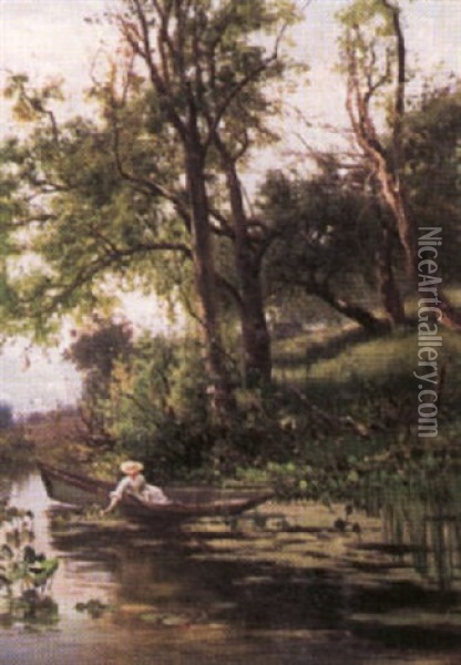 Woman In A Row Boat Oil Painting - Arthur Parton