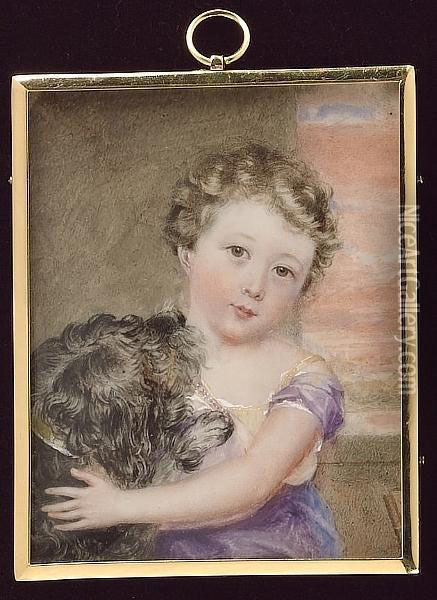A Child, Wearing Mauve Dress With Gold Shoulder Straps, Playing Witb A Dog, Stone Background, Landscape In The Distance Oil Painting - William Douglas