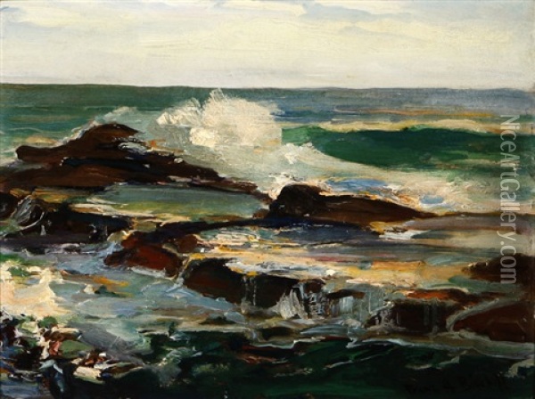 Crashing Waves On Rocks Oil Painting - Franz Arthur Bischoff