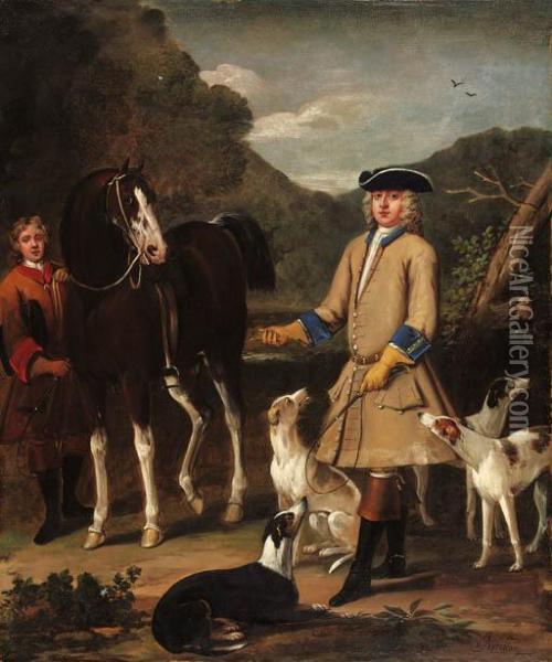 Edward, Lord Seymour, With His Horse, Groom And Dogs, In Alandscape Oil Painting - John Wootton