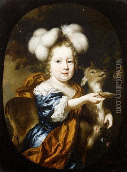 Portrait Of A Young 
Girl,three-quarter-length, In A Blue Silk Dress And Russet Shawl, Herarm
 Around A Young Deer, Holding A Sprig Of Flowers And A Shellbeneath A 
Water Fountain, Within A Painted Oval Oil Painting - Nicolaes Maes