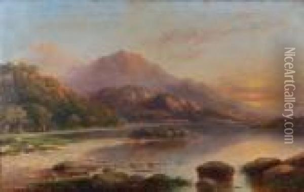 Cattle Watering At A Mountainous Loch Oil Painting - Alfred de Breanski