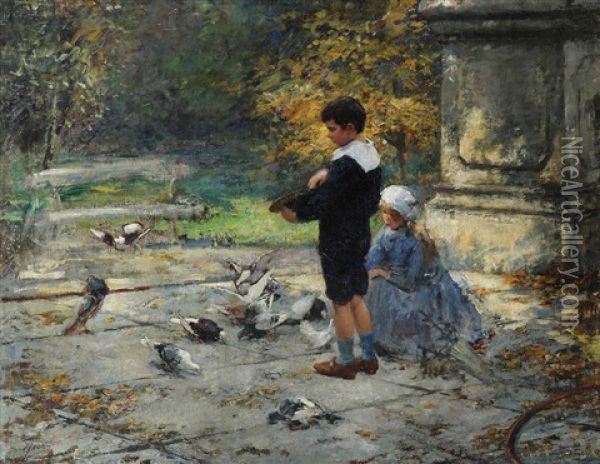 Scene De Parc Animee De Deux Enfants Nourissant Des Pigeons Oil Painting - Eugene Joors