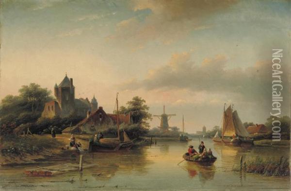 Activities On A Dutch River With A Windmill In The Distance Oil Painting - Jan Jacob Coenraad Spohler