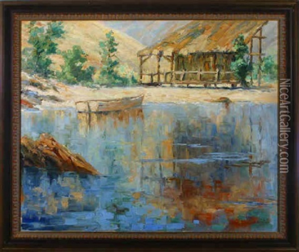 Coastal Inlet - Shack And Skiff Oil Painting - George Sumner Colman
