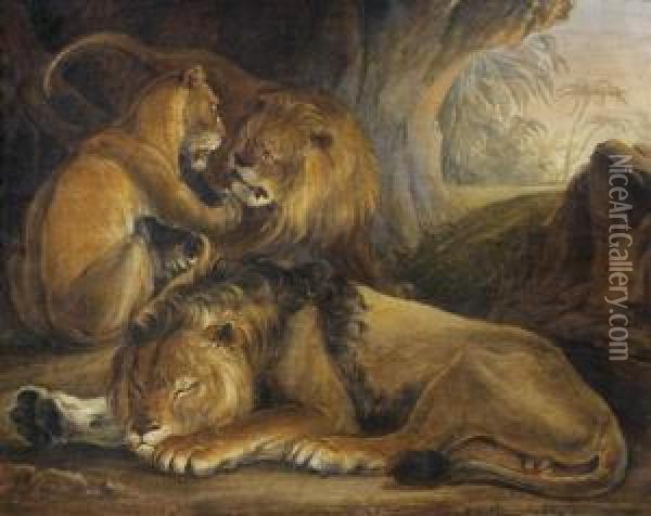 Lions Et Lionne Dans Une Grotte Oil Painting - Raden Sjarief B. Saleh