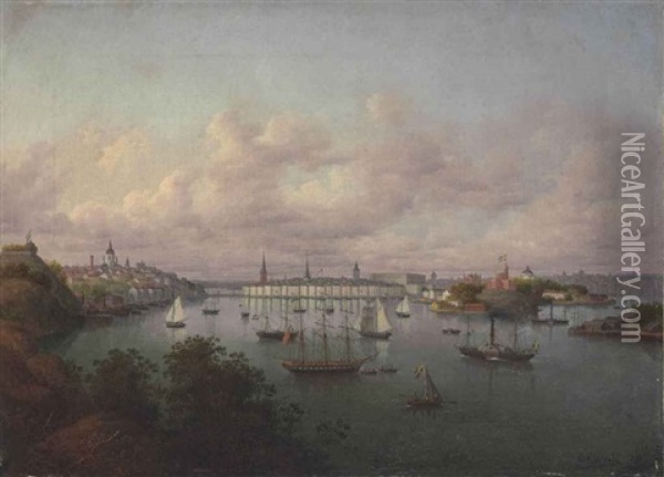 View Of Stockholm Harbor Oil Painting - Oskar Conrad Kleineh