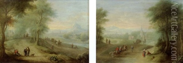 Les Carrioles Sur La Route (+ Le Chemin Borde D'arbres; Pair) Oil Painting - Jacques Willem Van Blarenberghe
