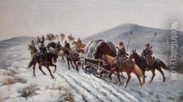 Kosaken Zu Pferde Begleiten Einem Goldtransport Im Schneegestober Oil Painting - Konstantin Egorovich Egorovich Makovsky