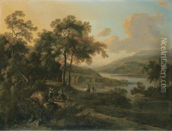 An Italianate River Landscape With An Elegant Couple Oil Painting - Jan Wijnants
